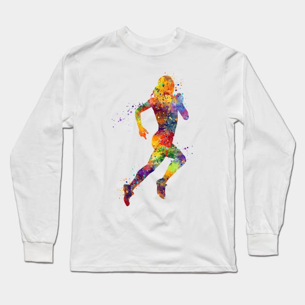 Girl Running Watercolor Long Sleeve T-Shirt by LotusGifts